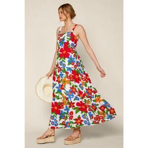 SKIES ARE BLUE Womens Large Isabel Floral Smock Maxi Summer Dress Red Blue Green